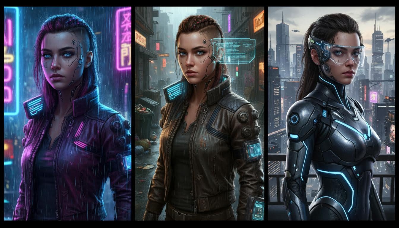 Neon, street-tech, and cinematic cyberpunk styles