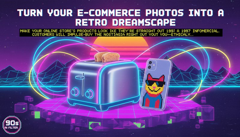 E-commerce product photo with retro 90s neon and pixel effects