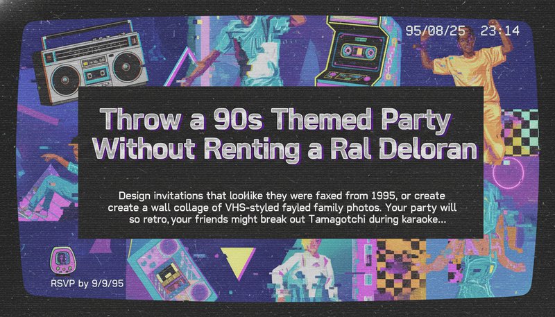 Party invitation design with 90s era VHS glitch effects