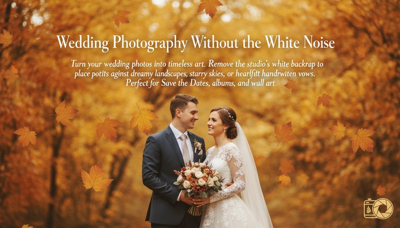 A couple's portrait floating against a backdrop of golden autumn leaves