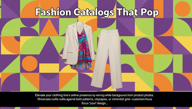 A model's outfit floating against a vibrant geometric pattern backdrop