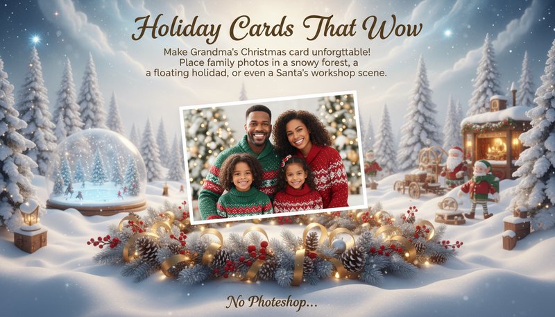 A family photo floating above a holiday-themed winter wonderland backdrop