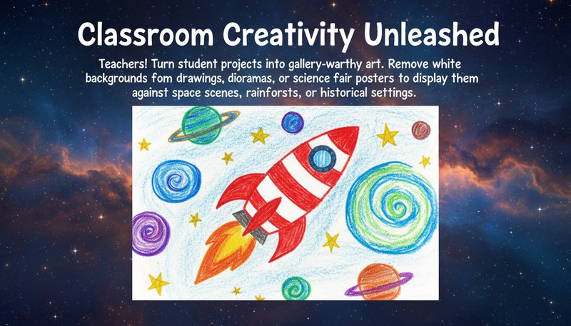 A child's drawing of a rocket floating against a backdrop of swirling planets and stars