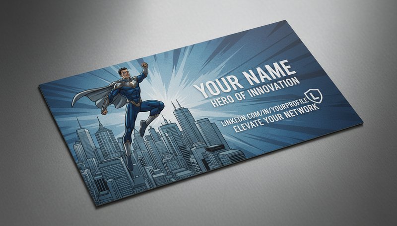 A business card featuring a user leaping over a cityscape with a superhero pose.