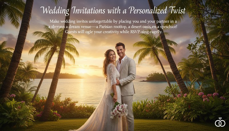 A couple smiling in a lush, tropical paradise setting with palm trees and a sunset backdrop.