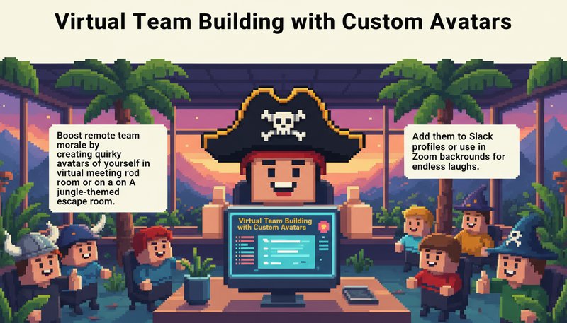 A team member avatar wearing a pirate hat in a pixelated office with tropical trees in the background.