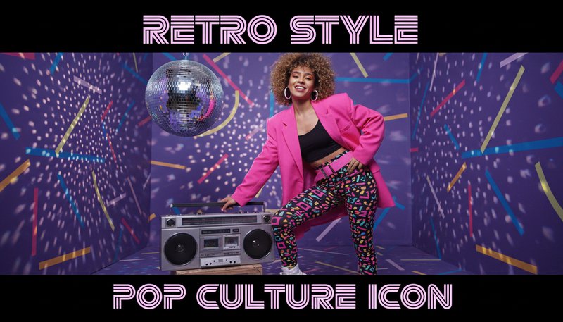 A user styled in 80s fashion standing beside a retro cassette tape player and disco ball.