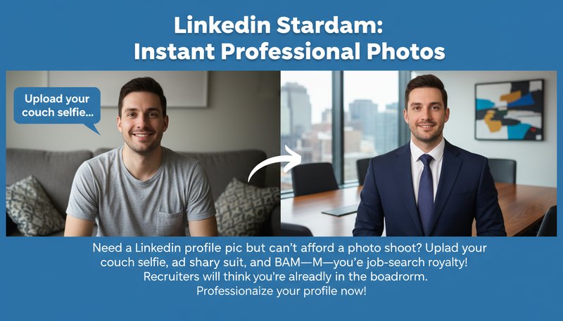 A LinkedIn profile photo of a user transformed into a polished professional in a tailored suit