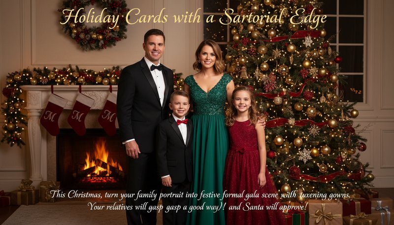 A holiday card showing a family dressed in formal attire with Christmas decorations in the background