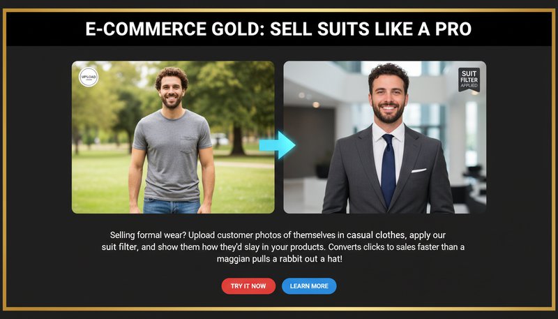 An e-commerce product page showcasing a customer’s photo transformed into wearing a formal suit