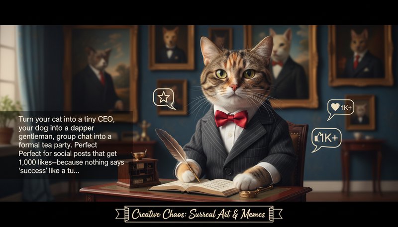 A whimsical image of a cat wearing a tiny suit with a bowtie, looking dignified