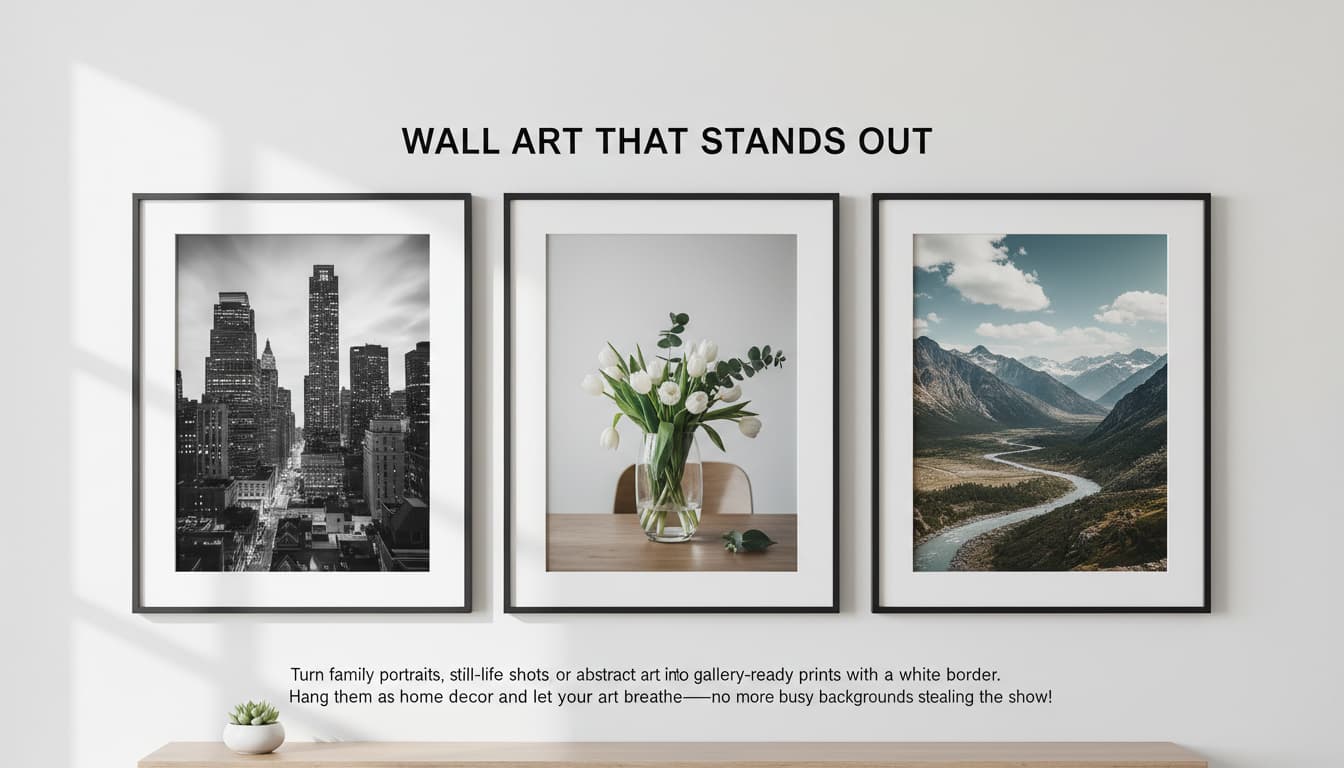A gallery wall featuring three framed photos with white backgrounds showcasing a cityscape, a vase of flowers, and a mountain view