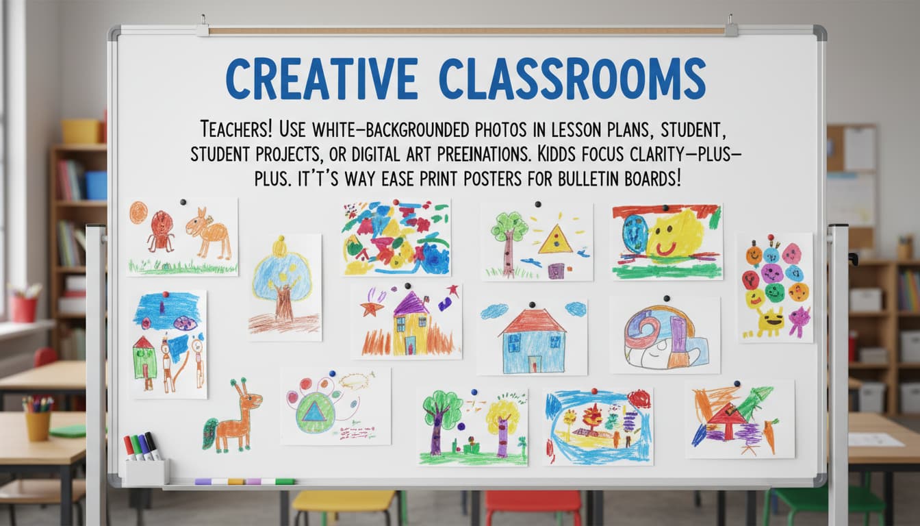 A classroom whiteboard displaying student artwork with white backgrounds for a cohesive presentation