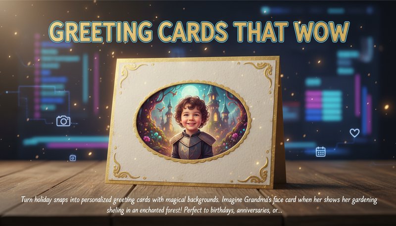 A handmade card featuring a photo of a child with a whimsical fairy-tale castle background.