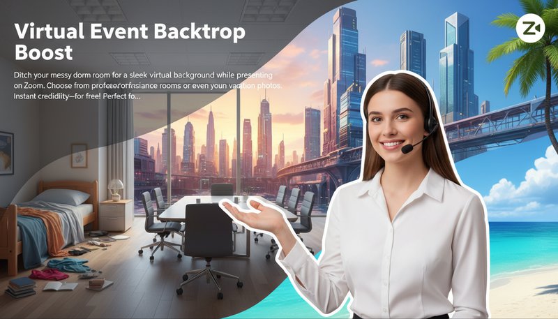 A person presenting on a video call with a dynamic cityscape backdrop replacing their home office.