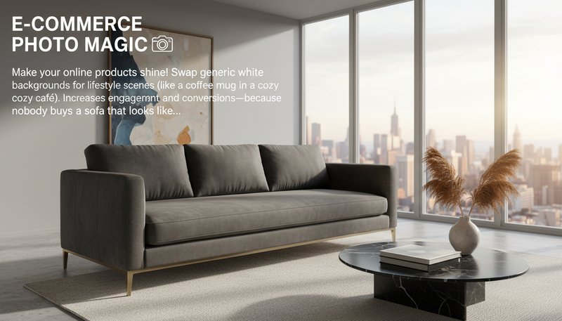 A product photo of a stylish sofa with a chic modern apartment background instead of a plain white backdrop.