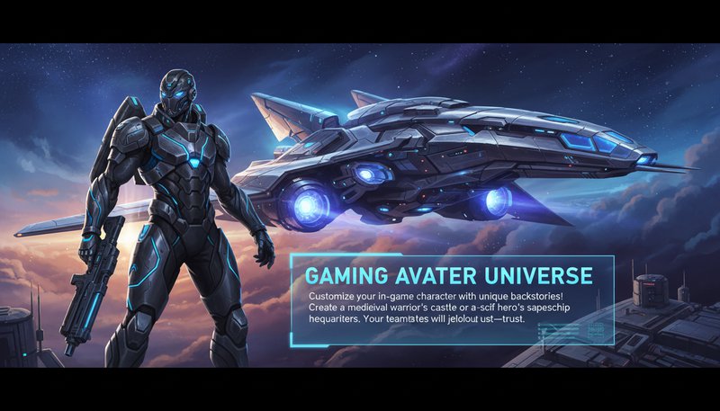 A gaming avatar standing in front of a futuristic spaceship background, ready for cosmic adventures.