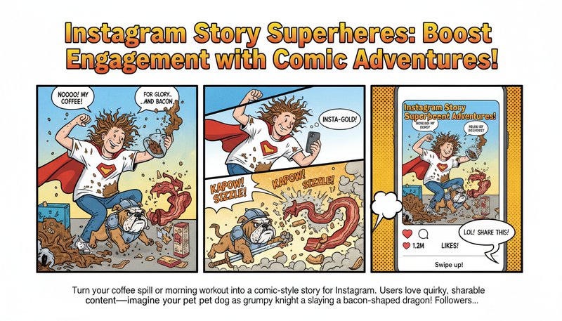 A user’s messy morning coffee scene transformed into a whimsical comic strip with exaggerated characters and explosions.