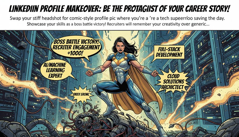 A LinkedIn profile image showing a user in a superhero pose with comic-style speech bubbles highlighting their professional skills.