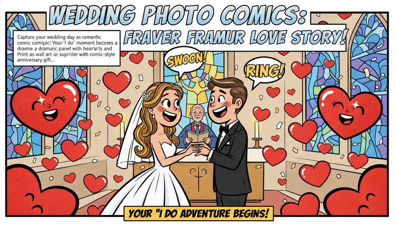A comic-style wedding photo of a couple exchanging rings with exaggerated emotions and cartoon hearts floating around them.