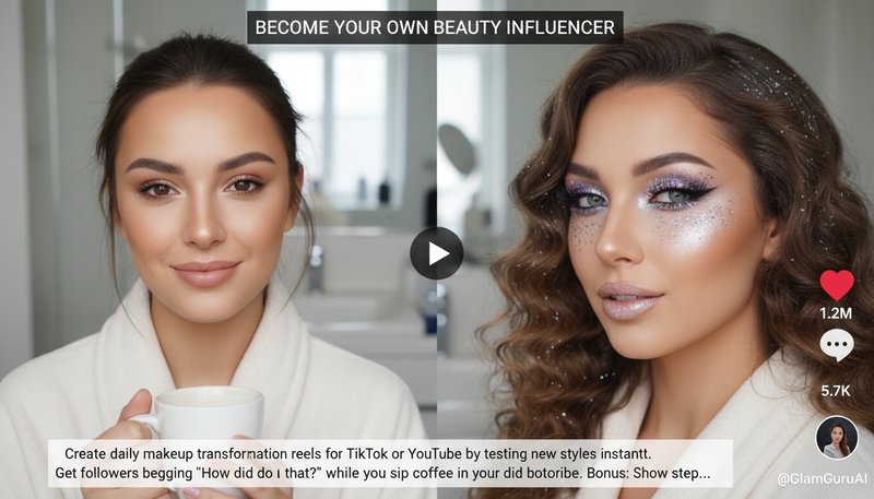 A TikTok-style video frame showing a makeup transformation from natural to glittery fantasy look