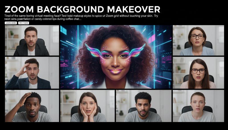 A Zoom call grid where one user has AI-generated holographic makeup while others look confused