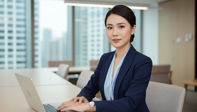 A professional woman with polished business-appropriate makeup applied using AI makeup generator