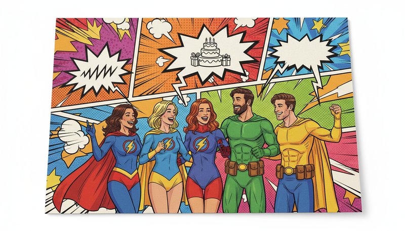 A heartfelt birthday card featuring a photo of friends styled as comic book characters with bold speech bubbles.