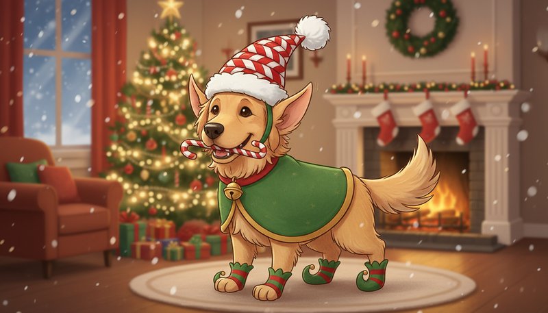 A festive Christmas card featuring a family dog styled as a cartoon elf with a Santa hat made of candy canes.