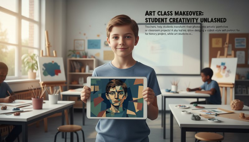A student holding a tablet displaying a cubist-style portrait from their photo