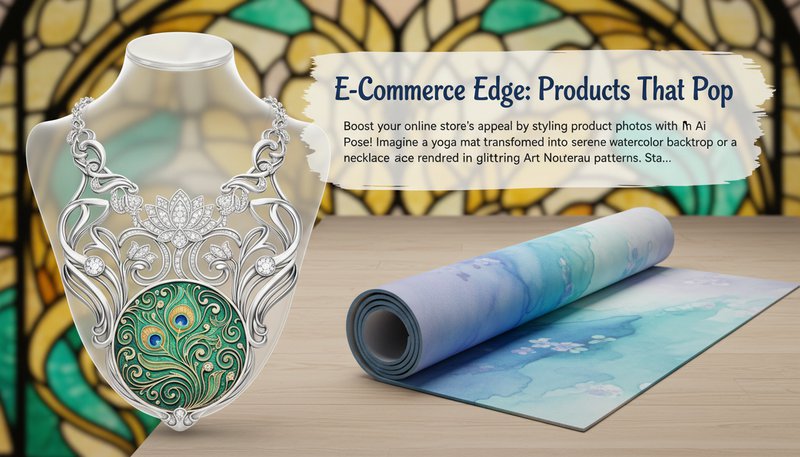 Product mockups showing a necklace styled with an Art Nouveau pattern and a yoga mat in a watercolor effect