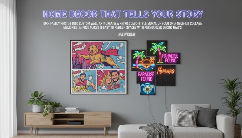 A living room wall with stylized photo prints in comic book and neon retro styles