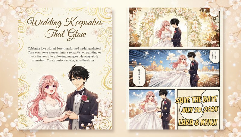 A wedding invitation and photo collage featuring manga-style portraits of the couple