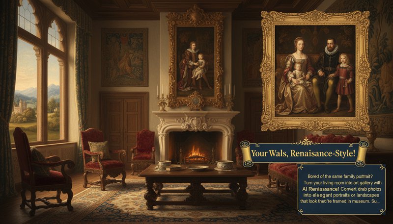Living room with a Renaissance-style framed photo of a family on a couch