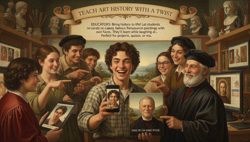 Student laughing while their selfie is transformed into a Da Vinci-style portrait