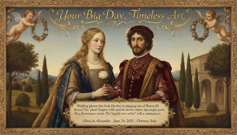Wedding invitation design with a Renaissance-style portrait of a couple in period costumes