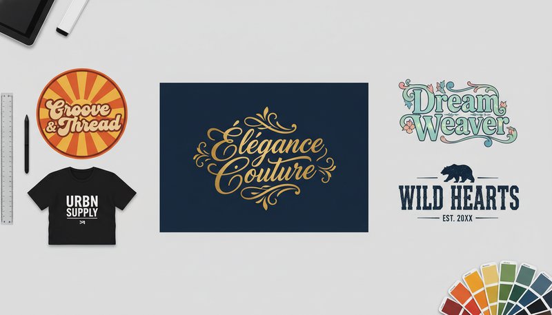 Artistic text and typography design examples for clothing prints and brand logos