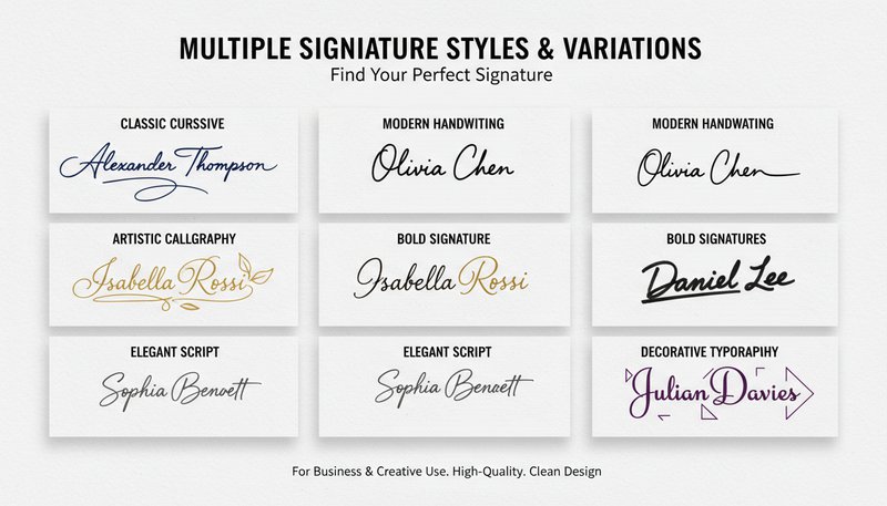 Multiple signature styles and variations including cursive, calligraphy, and modern handwriting