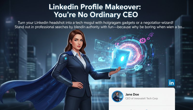 Professional LinkedIn-style photo of a user transformed into a superhero CEO with a glowing laptop shield