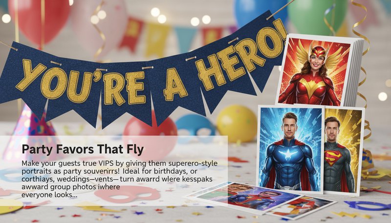 A stack of custom superhero-themed photo cards at a party table with a banner saying 'You’re a Hero!'
