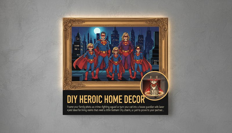 Wall art of a family photo transformed into a superhero team poised atop a glowing city skyline