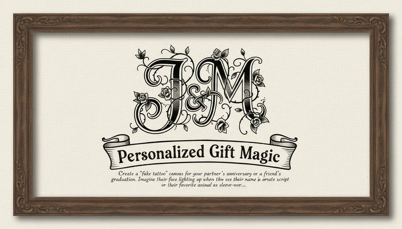 A framed tattoo-style artwork of a couple’s initials intertwined with vines