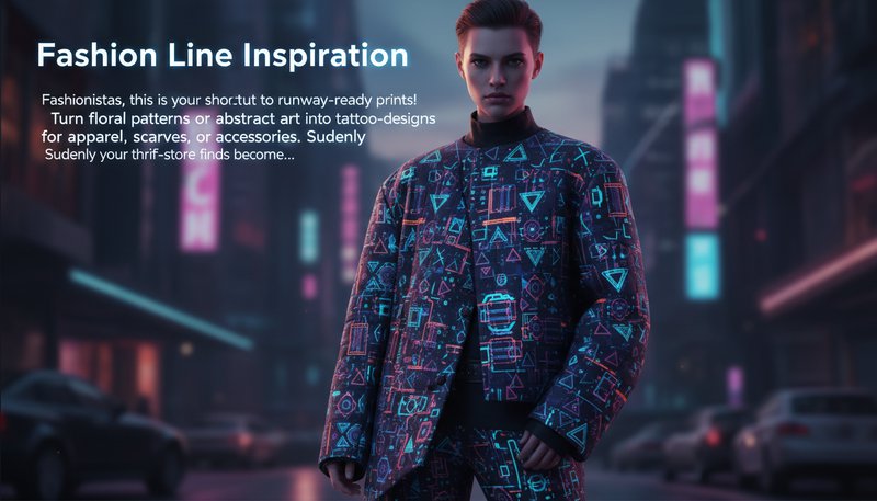 A model wearing a jacket with a digital tattoo pattern of geometric shapes