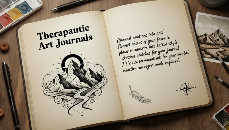 An open journal page with a tattoo-style drawing of mountains and a handwritten quote