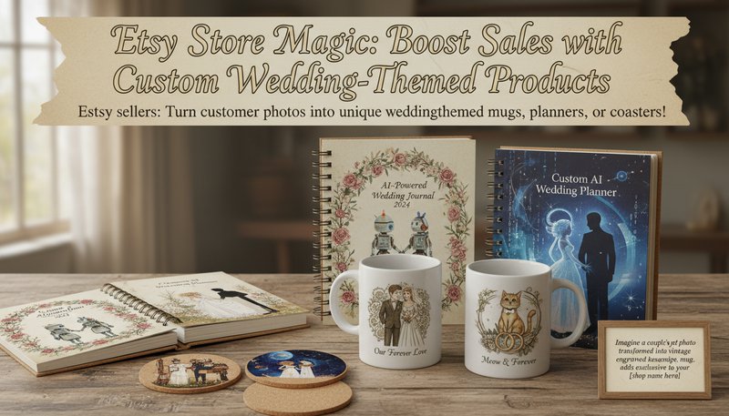 Etsy-style product display with engraved mugs and planners featuring AI-styled wedding images