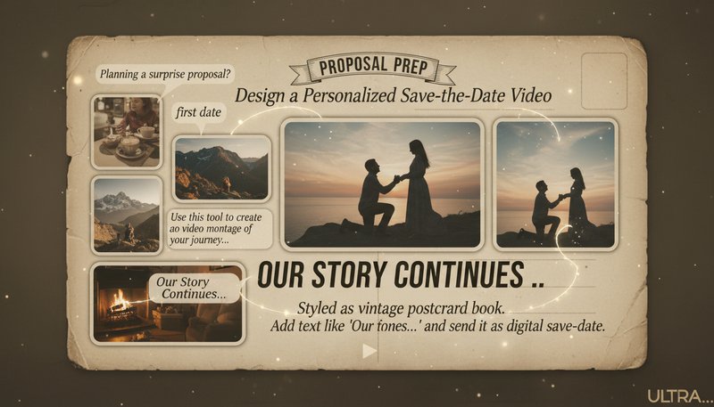 Digital postcard video montage showing styled photos of a couple’s journey with animated text overlays