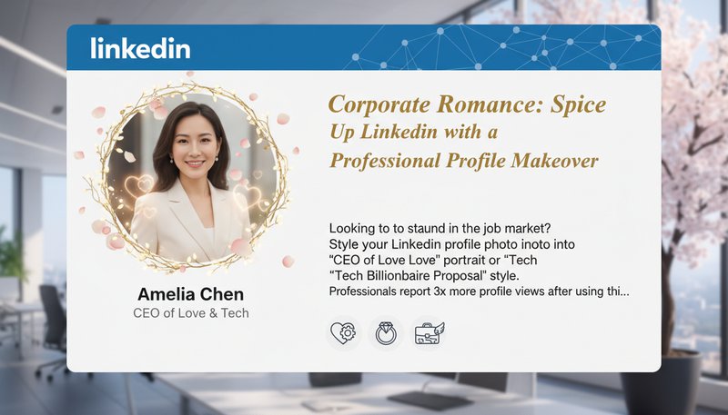 LinkedIn profile mockup showing an AI-styled professional portrait with a romantic theme overlay