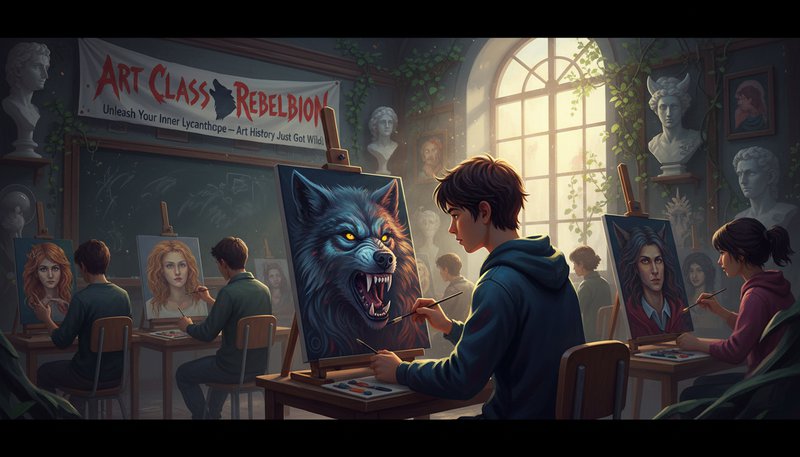 Art student working on werewolf-inspired portrait in a classroom