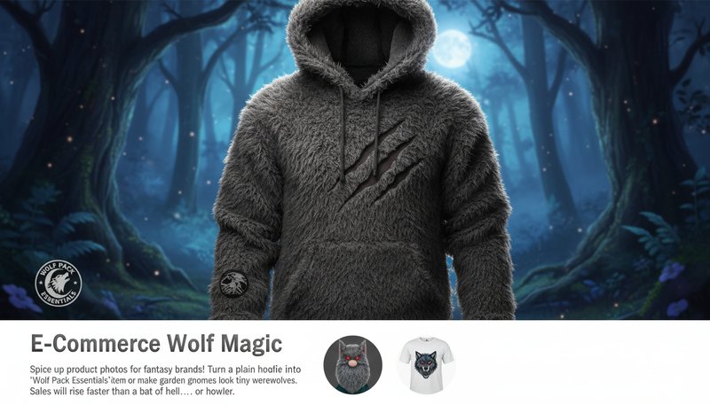 Online store product photo of a hoodie with wolf fur textures
