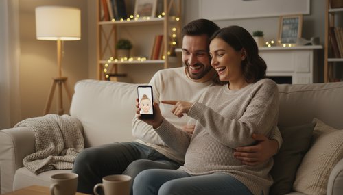 A couple looking at their predicted baby face result on a smartphone